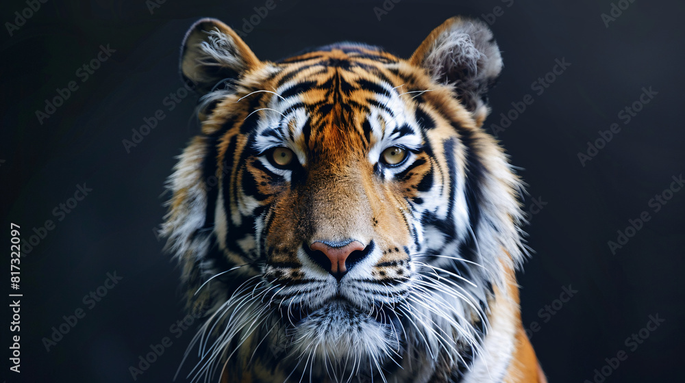 Naklejka premium Portrait of a Bengal tiger. A captivating close-up portrait of a Bengal tiger, highlighting its fierce gaze, striking stripes, and majestic presence in a natural setting..