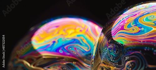 Closeup of two soap bubbles with rainbow colors on a black background  in macro photography Generative AI