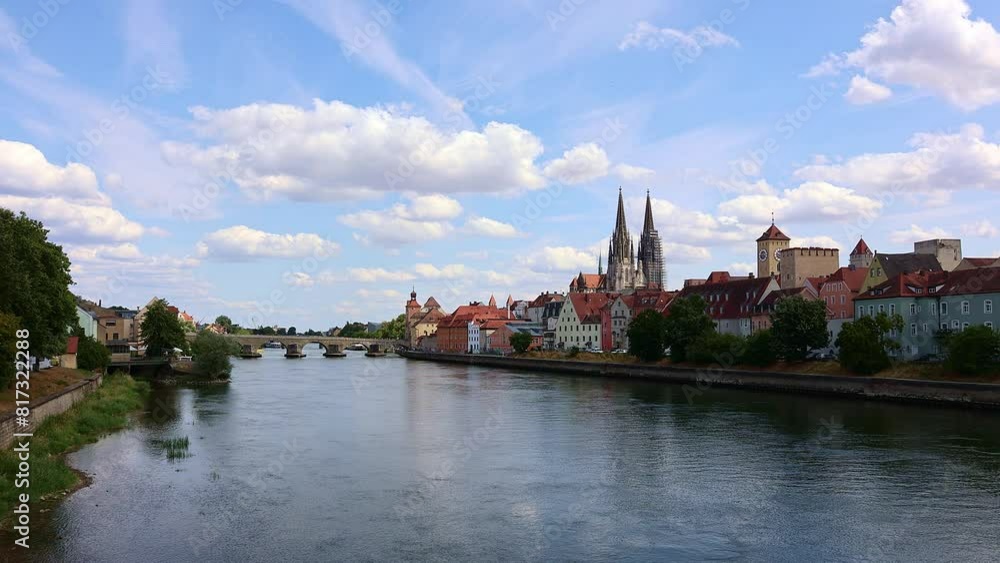 Panoramic view of Historical Stone Bridge and Bridge tower in Regensburg on river Danube, Regensburg, Bavaria, Germany. Taken from hand Panoramic view of Historical Stone Bridge and Bridge tower in Regensburg on river Danube, Regensburg, Bavaria, Germany. Taken from hand