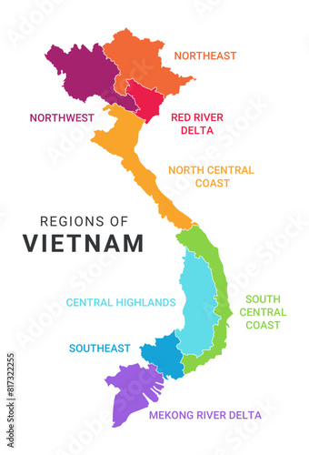 Colorful Geographical Administrative Map of Vietnam with Editable Text, Isolated on White Background.