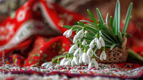 Snowdrops and martenitsa embody the essence of spring symbolizing renewal and freshness The delicate white snowdrop blooms and the traditional martisor are iconic elements of the Baba Marta photo