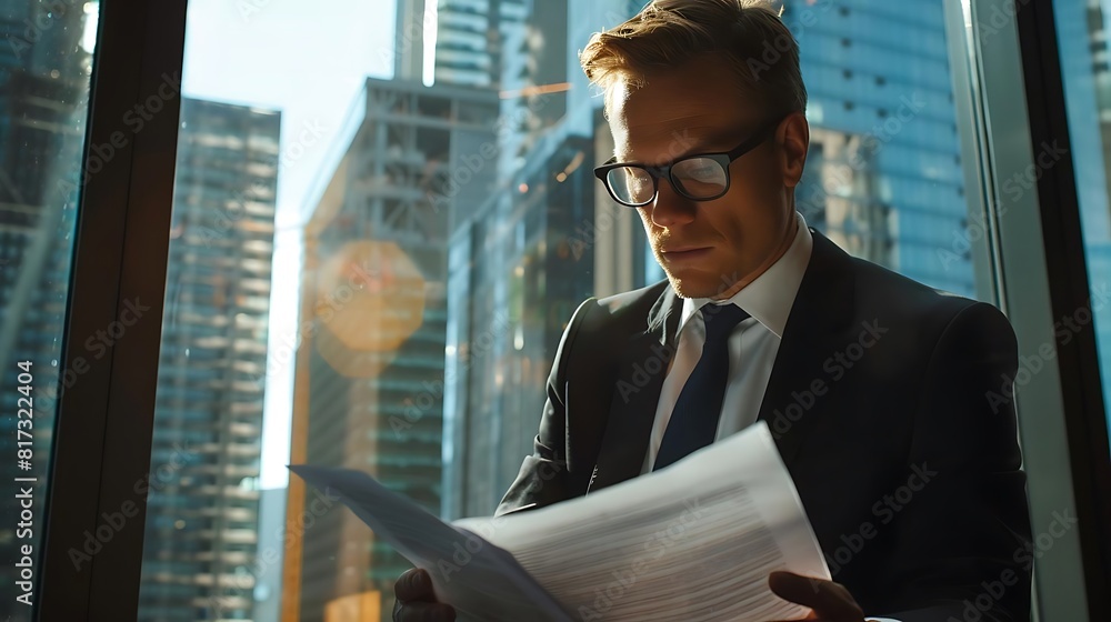 Fototapeta premium Businessman reading financial report in modern office