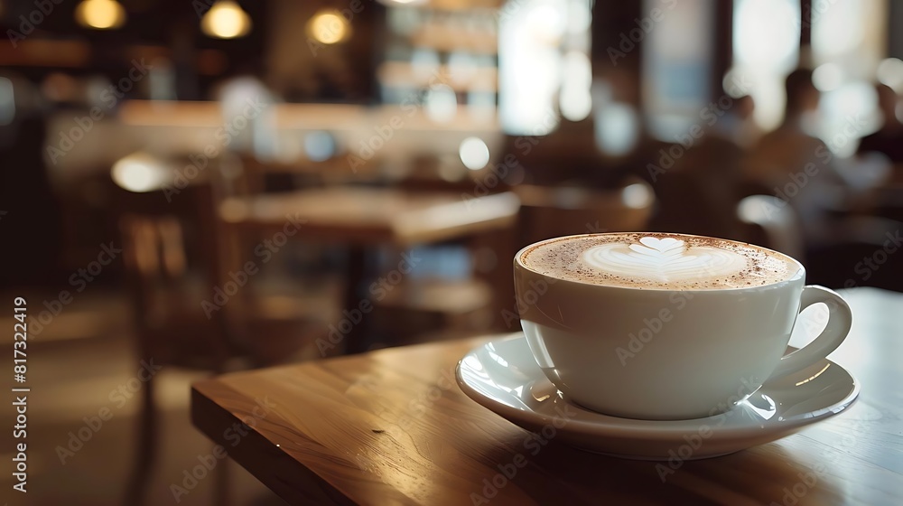 Cappuccino in white cup on saucer on wooden table in cafe with blurred background