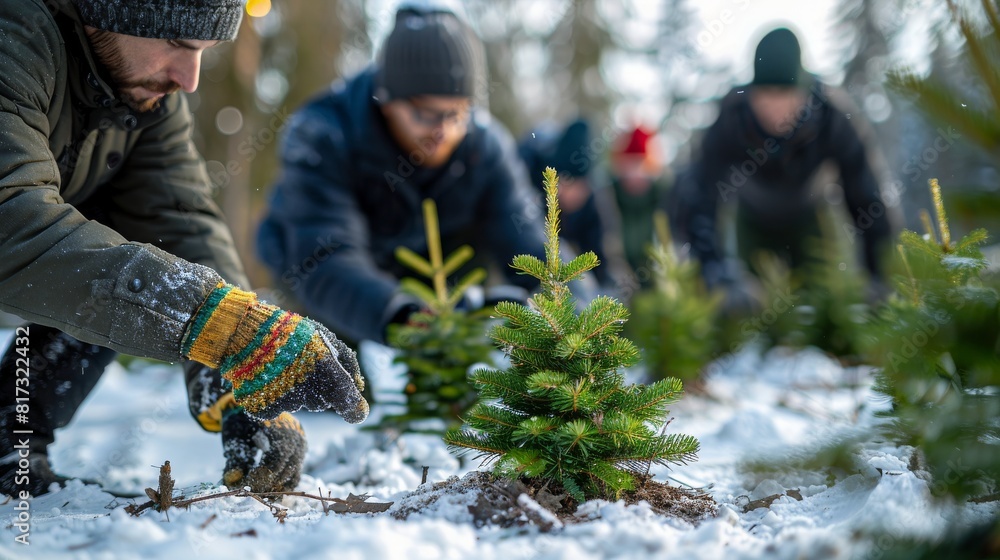 An individual planting a new tree. A Christmas tree. A fir tree.