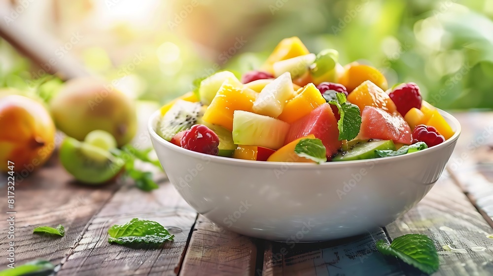 Close-up of a bowl of fresh and ripe fruit salad with peaches, watermelon, cantaloupe, raspberries, blackberries, and strawberries. Close-up of a bowl of fresh and ripe fruit salad with peaches, watermelon, cantaloupe, raspberries, blackberries, and strawberries.