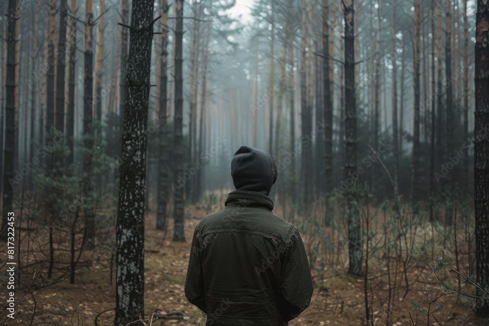 Lonely lost man standing in the forest in the middle of nowhere, rear view. Stalker concept Lonely lost man standing in the forest in the middle of nowhere, rear view. Stalker concept