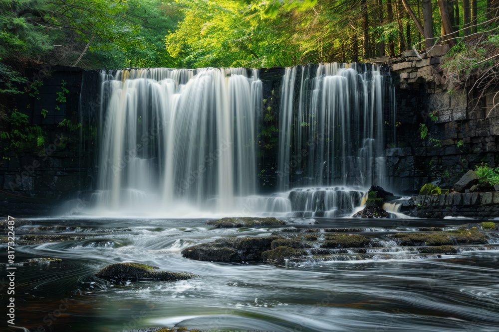 Obraz premium A peaceful waterfall cascades over a rocky ledge into a serene pool surrounded by vibrant green foliage