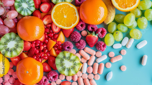 illustration of fresh fruit pictured next to tablets  symbolism for vitamin supplements