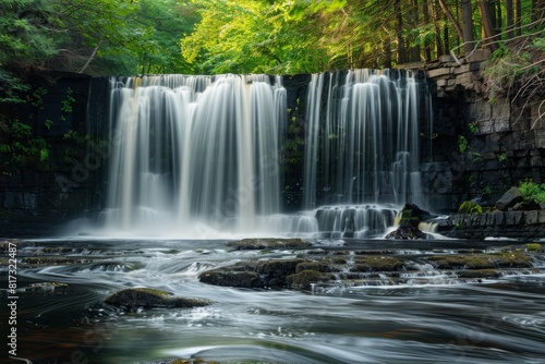 A peaceful waterfall cascades over a rocky ledge into a serene pool surrounded by vibrant green foliage