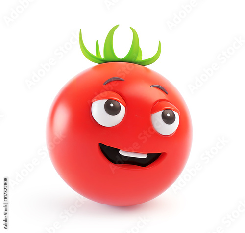Cartoon tomato mascot with a smiling face and leafy top on a white background © ChaoticDesignStudio