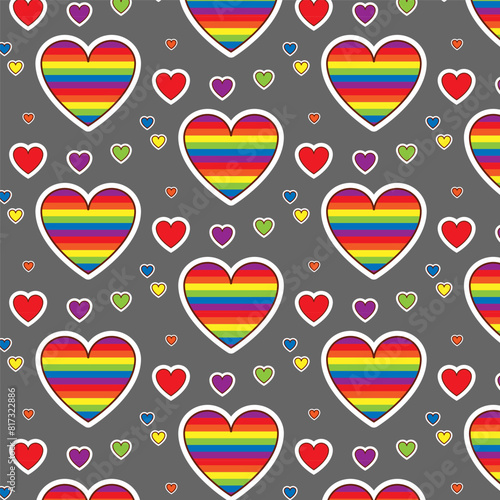 Colorful seamless pattern with LGBT symbols. Lesbians, gays, bisexuals, transsexuals. LGBT holiday colors, flag, heart, rainbow. Cartoon texture on a gray background for decoration and print.