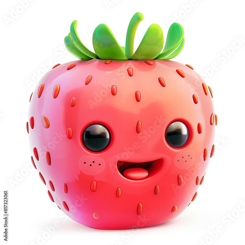 Cute cartoon strawberry with a smiling face and leafy top on a white background © ChaoticDesignStudio