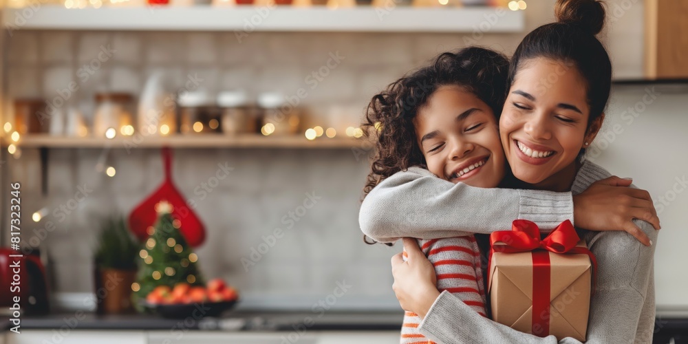 Fototapeta premium Two sisters embrace affectionately, with one holding a Christmas present, sharing love and holiday warmth
