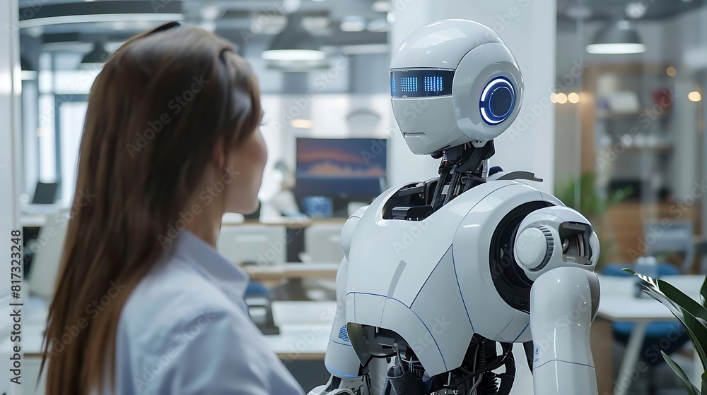 The engineer is talking to the robot about the future of AI. The engineer is talking to the robot about the future of AI.