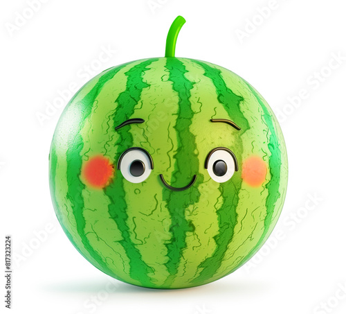 Cute cartoon watermelon with a smiling face and rosy cheeks on a white background © ChaoticDesignStudio