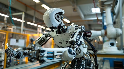 The image shows a a humanoid robot with a white head and silver body working in a factory.