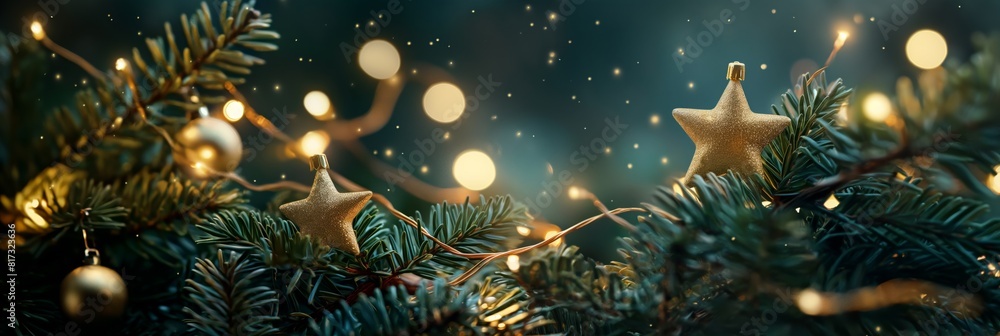 Close-up of golden star ornaments and glowing lights nestled among the green pine branches Close-up of golden star ornaments and glowing lights nestled among the green pine branches