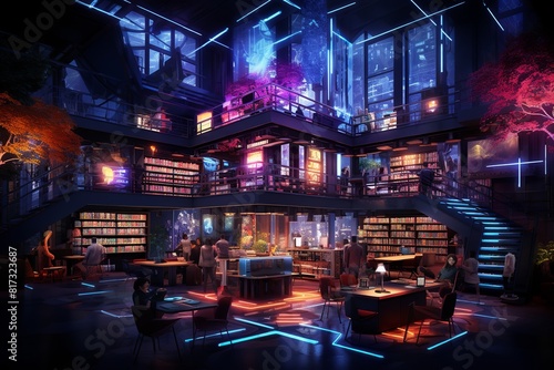 Neon-Lit Futuristic Library
