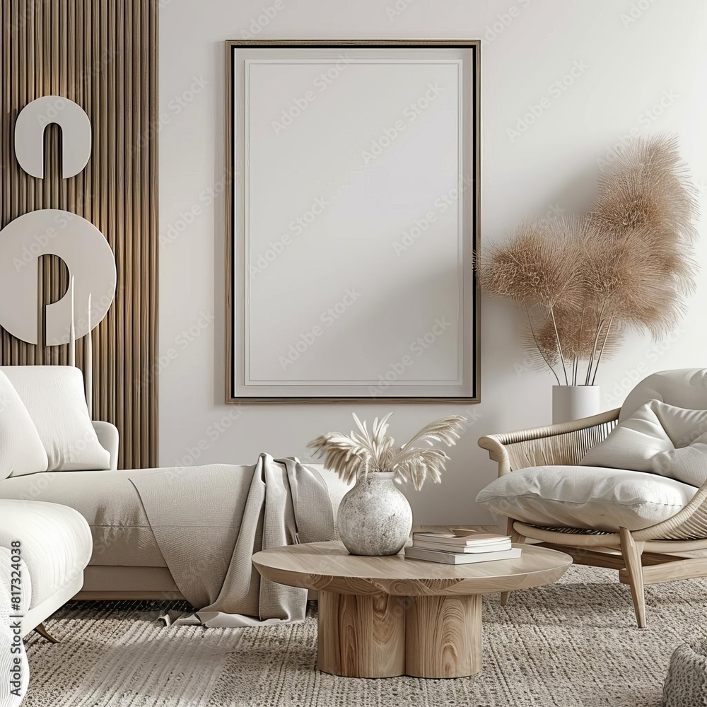 ISO A paper size frame mockup in a minimalist japandi style living room ...