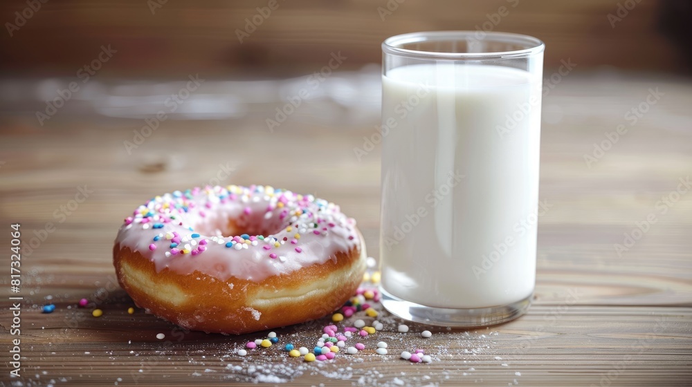 A freshly baked donut sitting next to a tall glass of milk a quintessential symbol of American cuisine that we celebrate on National Donut Day A freshly baked donut sitting next to a tall glass of milk a quintessential symbol of American cuisine that we celebrate on National Donut Day