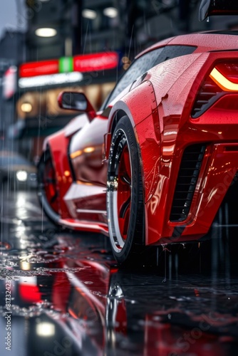 A red sports car is parked on a wet street. AI.