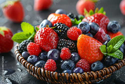 Assorted fresh berries in a basket. High-resolution food photography. Healthy eating and nutrition concept. Design for posters and backgrounds. Close-up view