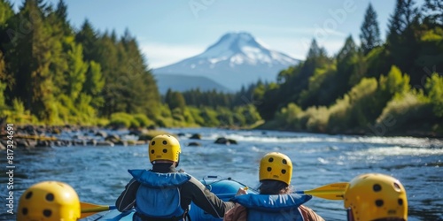 A group of people in a raft on the river with mountains behind them. AI. photo