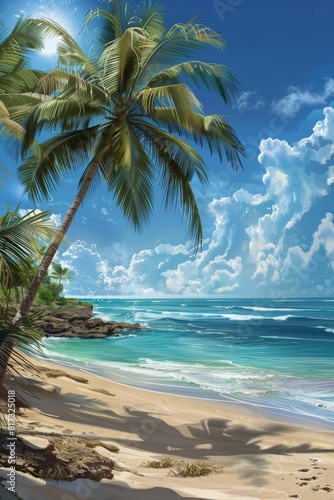  palm trees ocean sand travel vacation Generative AI © Valentine