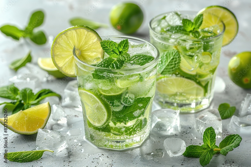 Mojito or virgin mojito long rum drink with fresh mint, lime juice, cane sugar and soda Mojito or virgin mojito long rum drink with fresh mint, lime juice, cane sugar and soda