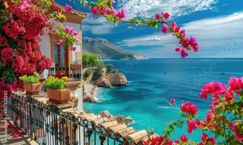 Seaside town in Spain with flowers, fences and ocean in the background photo