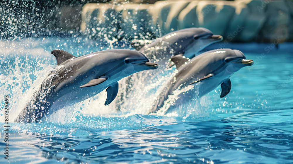 Obraz premium Dolphins leaping out of water. The playful marine mammals are captured mid-air, showcasing their agility and joy as they jump out of the clear blue water..