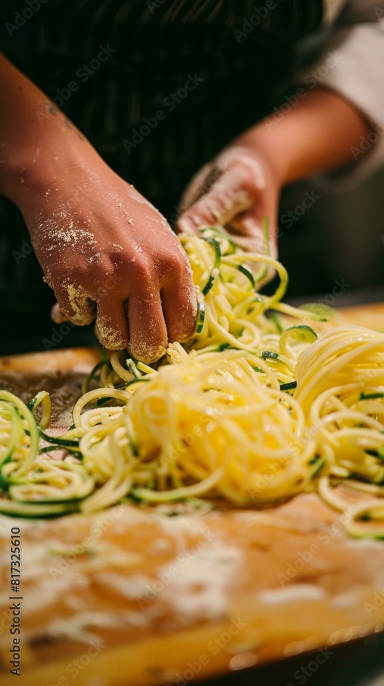 A person is preparing a meal on top of a wooden cutting board. AI. A person is preparing a meal on top of a wooden cutting board. AI.