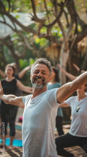 A man in a white shirt doing yoga with other people. AI.