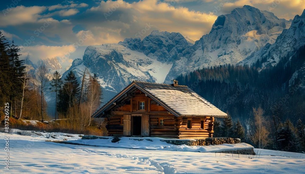 A small log cabin in the snow near mountains.