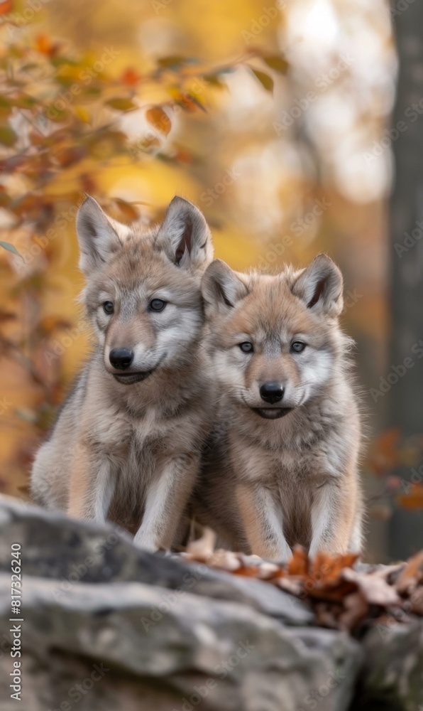 Two young coyote cubs are sitting on a rock in the woods. Generative AI. Two young coyote cubs are sitting on a rock in the woods. Generative AI.