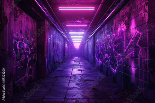 Capture a haunting ultraviolet-lit alleyway, covered in graffiti depicting cybernetic beings blending into decaying urban landscapes, using a photorealistic digital rendering