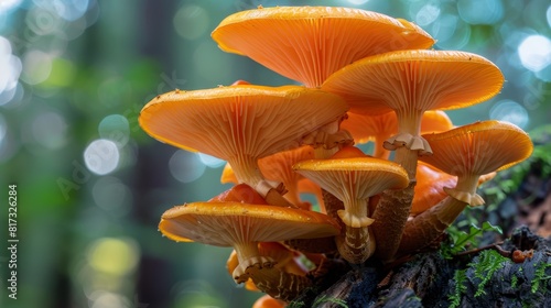 wild mushroom foraging, a cluster of chanterelle mushrooms spotted up close on a tree trunk deep in the woods wild fungi exploration at its finest