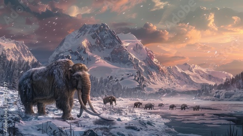 historical recreation of a glacier from the last Ice Age, woolly mammoths in the foreground, dramatic skies, time - frozen moment realistic