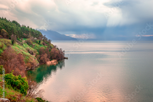 Lake Ohrid, in Ohrid, North Macedonia. Scenic landscape in the evening.