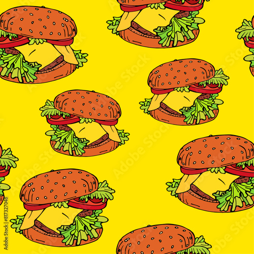 Seamless background with fast food, cheeseburgers. Delicious popular food from fast food restaurants, vector image. Endless background. Stylized images of food. Burger