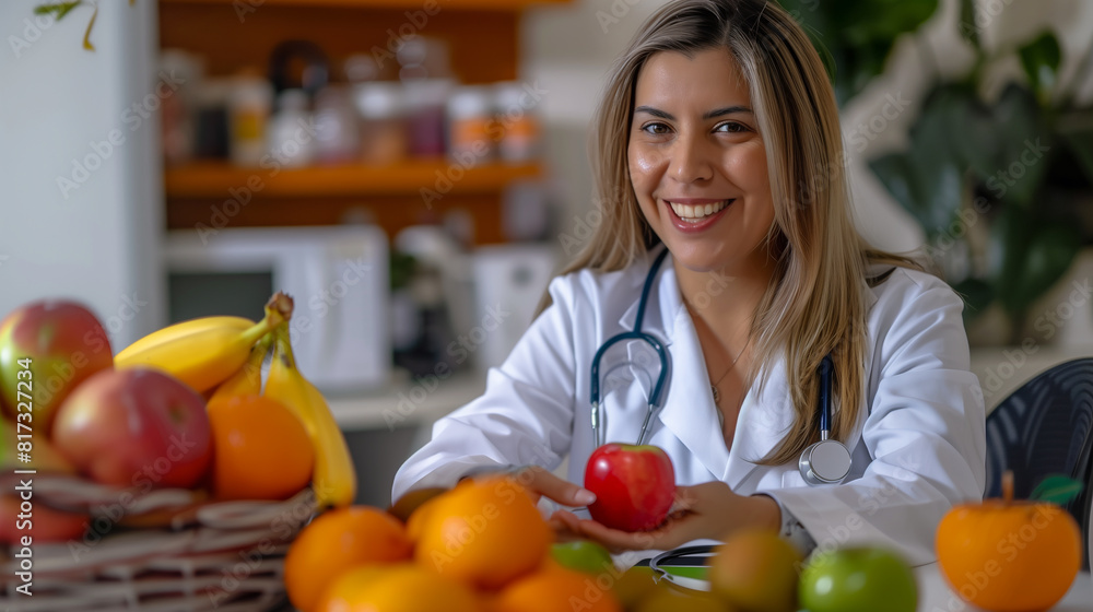 A beautiful mexican female nutritionist with a white coat, smiling and holding an orange in her hand while sitting at her desktop surrounded by fruits. A beautiful mexican female nutritionist with a white coat, smiling and holding an orange in her hand while sitting at her desktop surrounded by fruits.