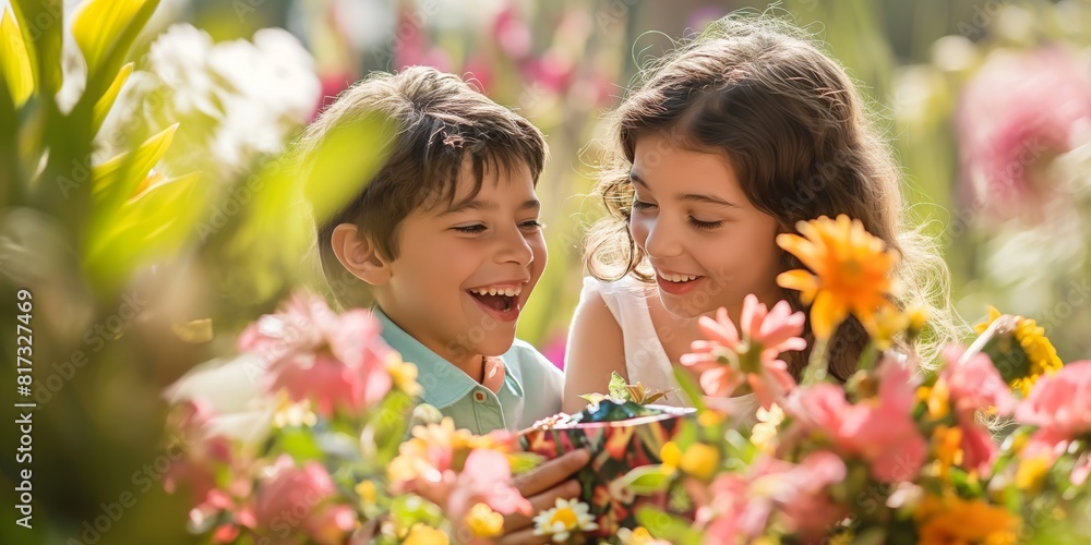Fototapeta premium A boy and girl share a close moment admiring colorful flowers, illustrating the innocence and joy of childhood