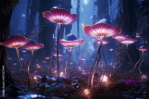 Dark Forest With Purple Mushrooms