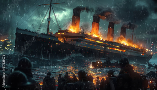 Capture a dramatic rear view perspective of the sinking Titanic in a digital artwork, highlighting the heroic efforts of the crew Use intricate details to evoke the tragedy vividly