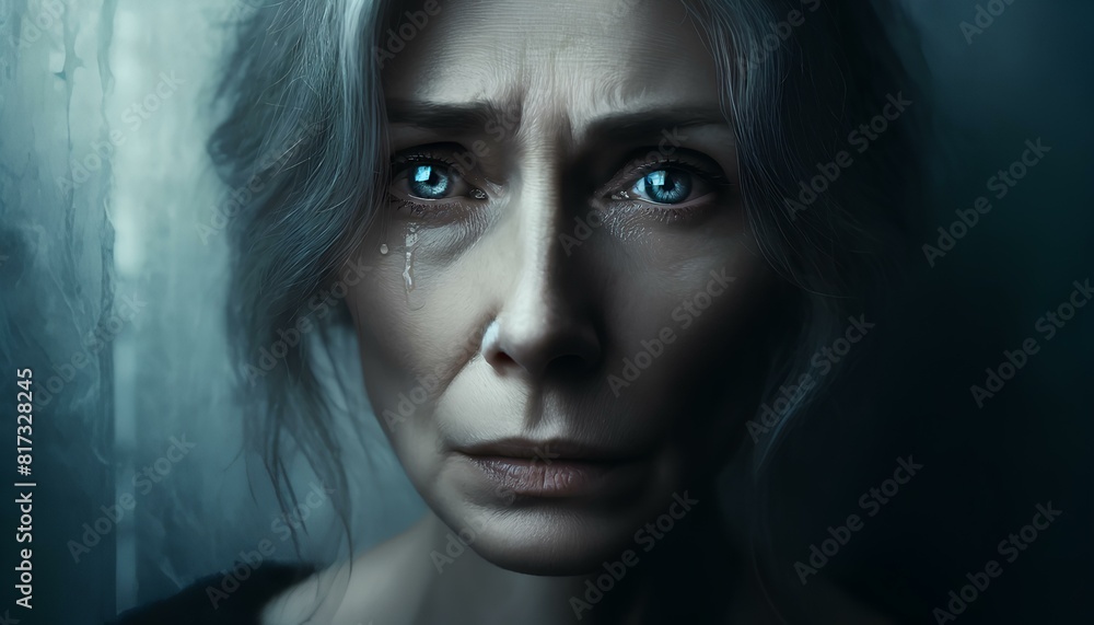 AI generated illustration of a woman with blue eyes expressing sadness
