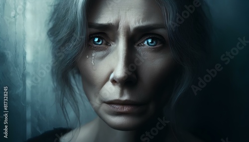 AI generated illustration of a woman with blue eyes expressing sadness