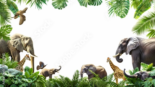 Fototapeta Naklejka Na Ścianę i Meble -  jungle frame animals, illustration African safari animals in tropical leaves, Cartoon