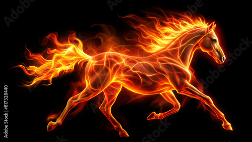 Horse. Fiery Horse. The mane and tail develop beautifully. Banner. Close-up. Illustration isolated on black background
