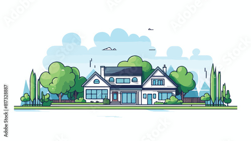 Thin line countryside suburban american house with