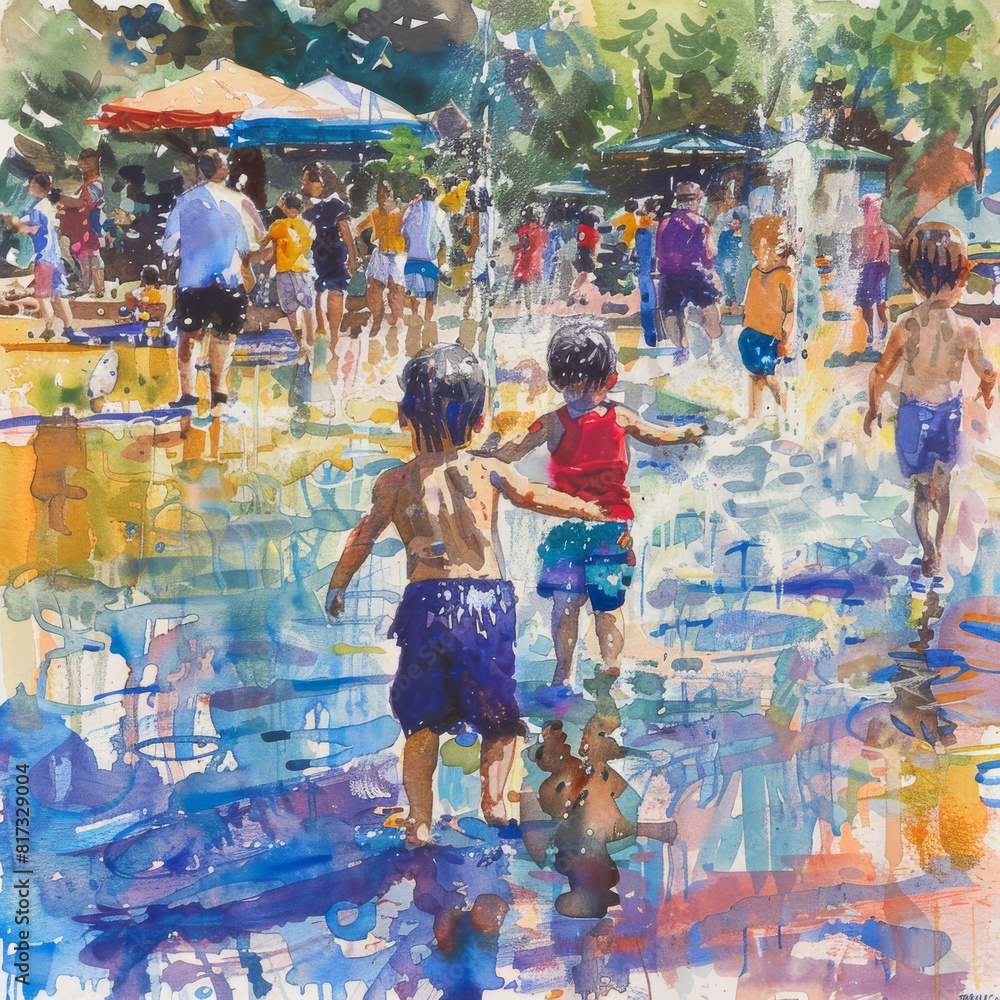 Children playing in a colorful splash pad Children playing in a colorful splash pad